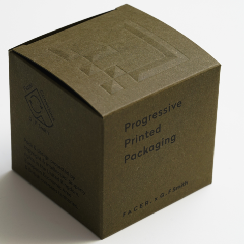 Khaki green folded box produced with alternative sustainable material Extracted board with embossed lid and printed sides